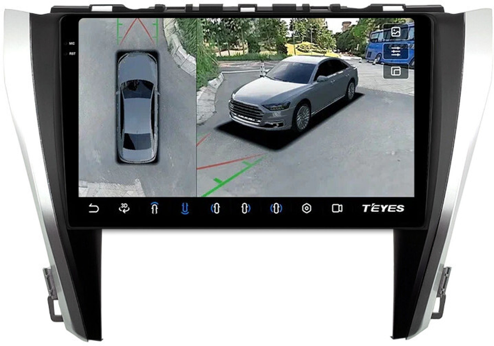 Магнитола для Toyota Camry 55 2014-2018 (рамка серебристо-черная) - Teyes CC3-2K-360 на Android 10, 2K QLED, 6Гб+128Гб, CarPlay, 4G SIM-слот, 4 камеры в комплекте