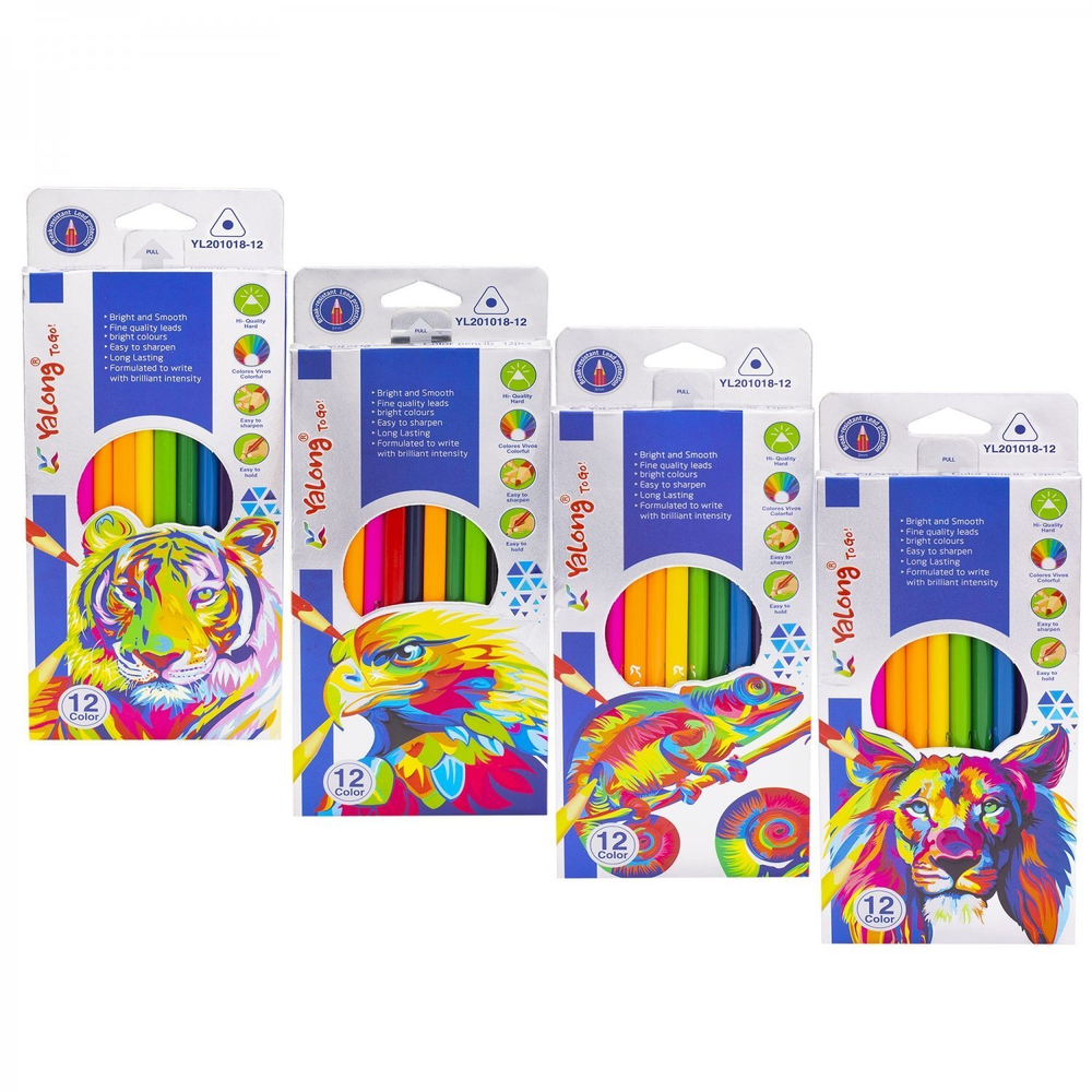 Карандаши цветные Yalong 12 цв., "Гравюра" деревянные, трехгранные, заточенные, грифель 3.0 мм, картон. уп., европодвес