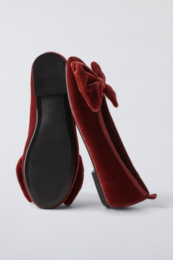 ZARA БАРХАТНЫЕ БАЛЕТКИ С БОЛЬШИМ БАНТОМ, ГРАНАТОВЫЙ