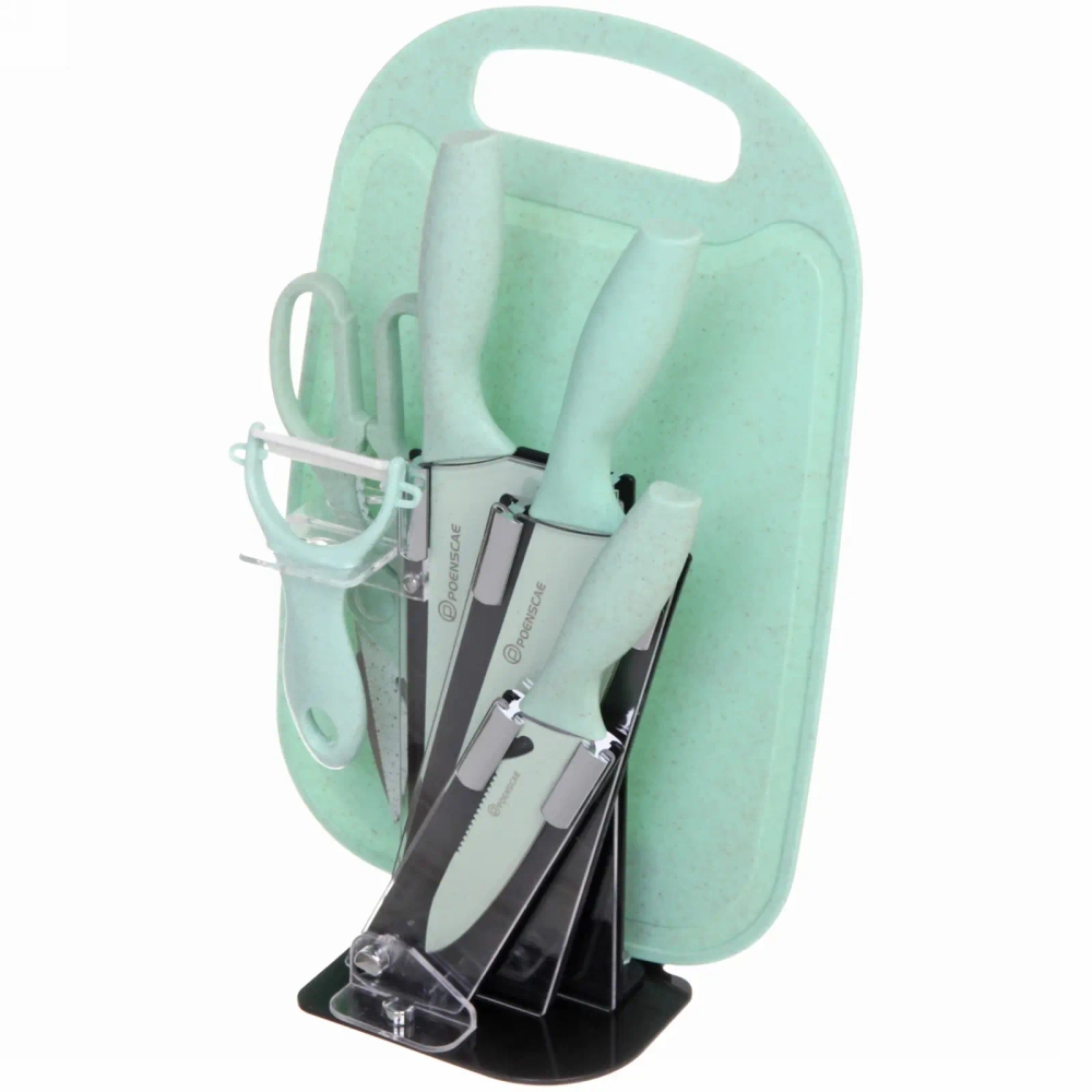 Набор ножей «DrowCook» 7предметов (3ножа+ножницы+овощечистка+доска+подставка) мятный