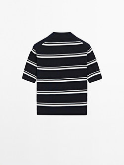 Massimo Dutti Свитер поло из смесового хлопка в полоску, темно-синий