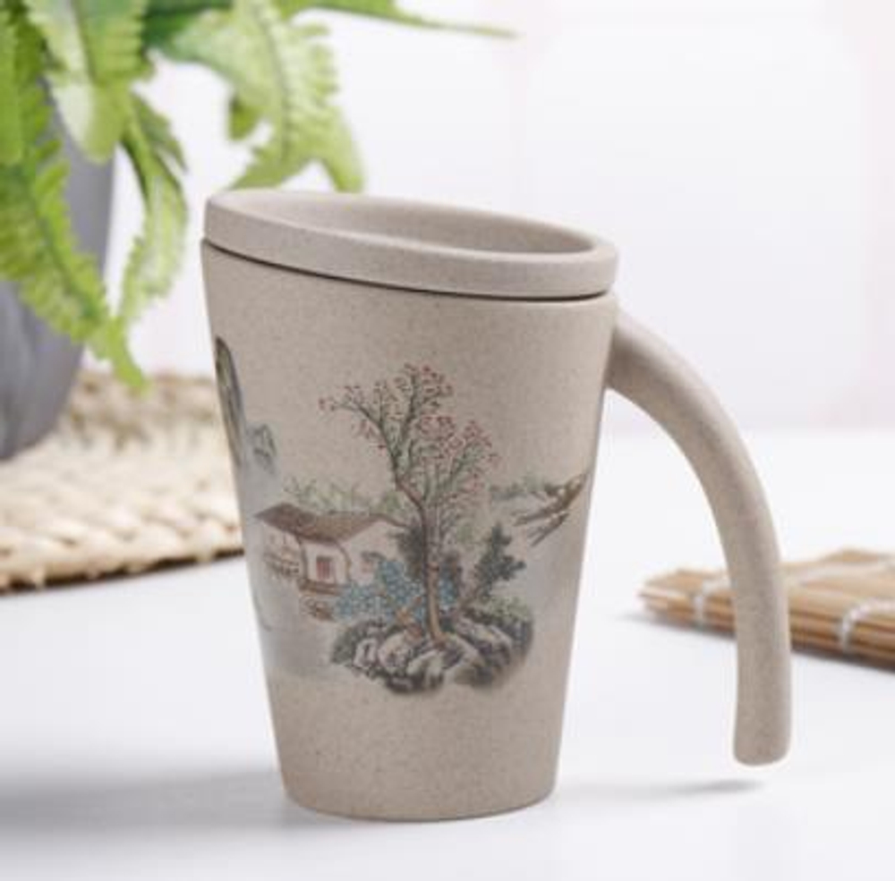 249013.3 Кружка ТЕРРАКОТОВАЯ "Деревня" с крышкой, h=13см, d=8,8см, 350мл, глина бежевый