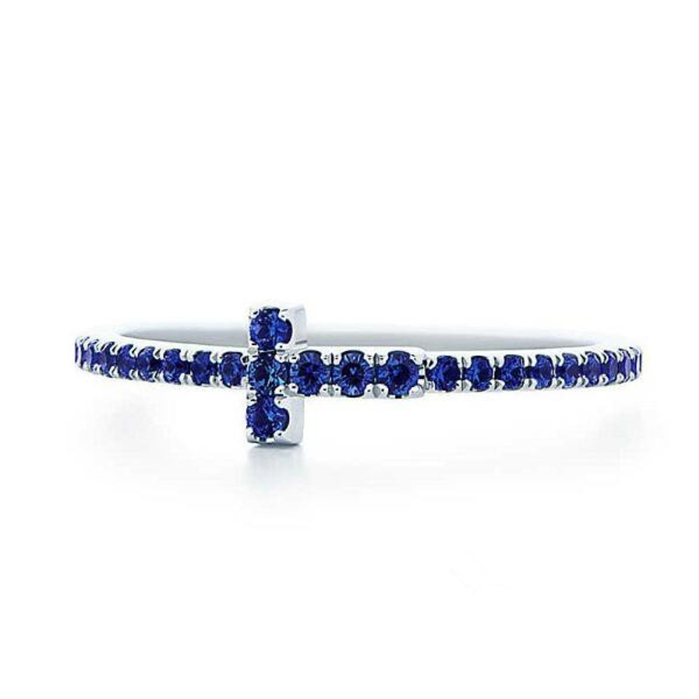 Кольцо из белого золота 18k с синими сапфирами, 💠 Tiffany - T1 collection - В наличии