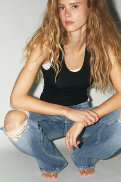 ZARA ДЖИНСЫ РВАНЫЕ TRF СО СРЕДНЕЙ ТАЛИЕЙ, СИНИЙ