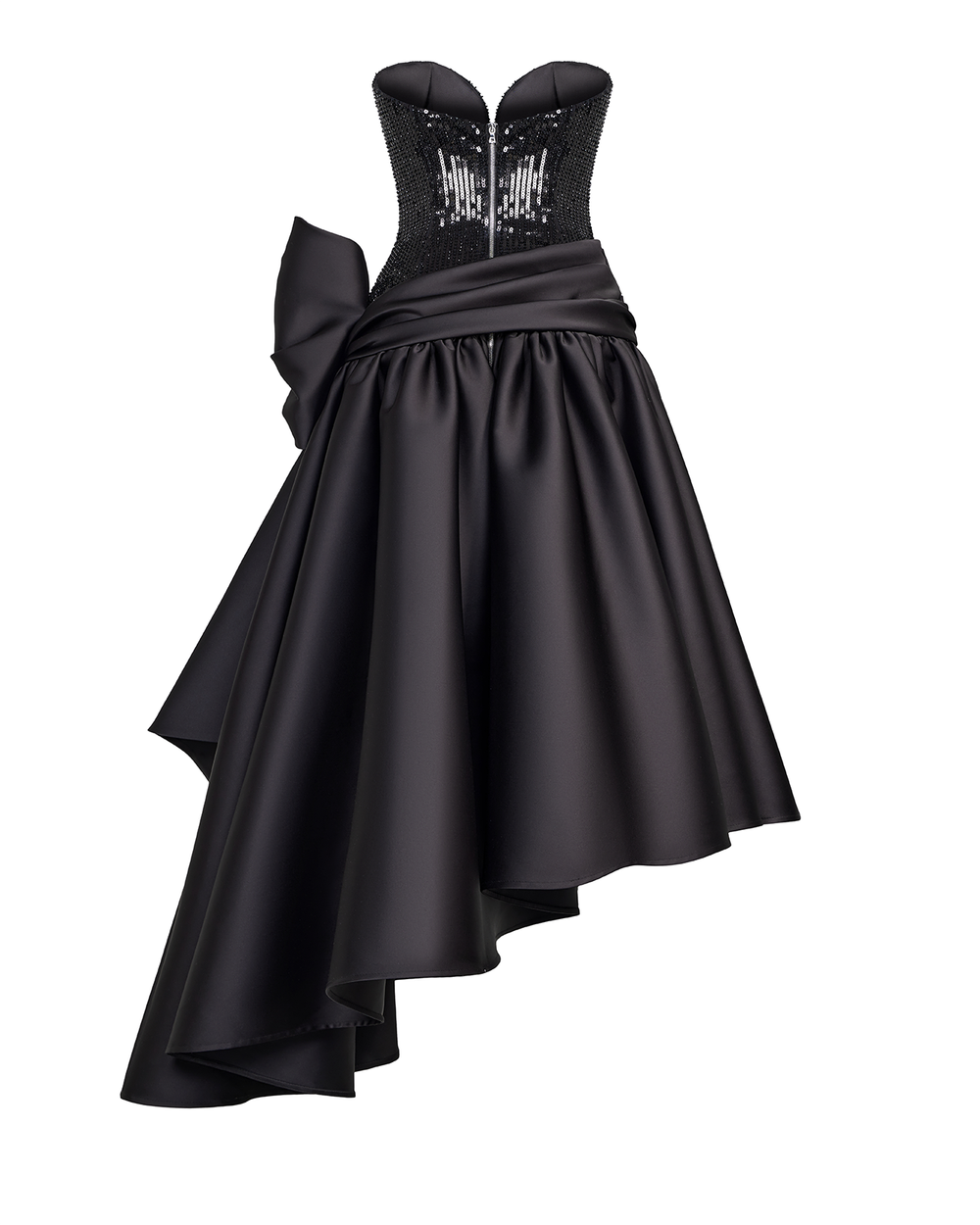 Платье миди удлиненное корсетное с ассиметричной юбкой из пайеток и атласа