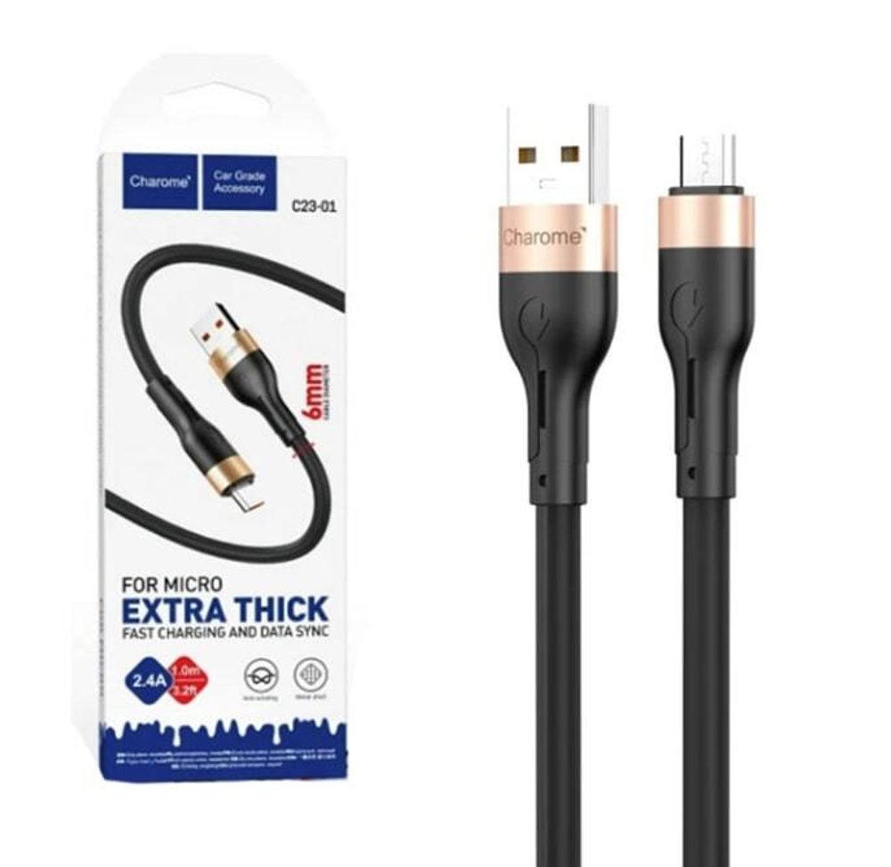 Кабель USB - Micro CHAROME C23-01 Silicone, 6мм толщина (черный) 1м
