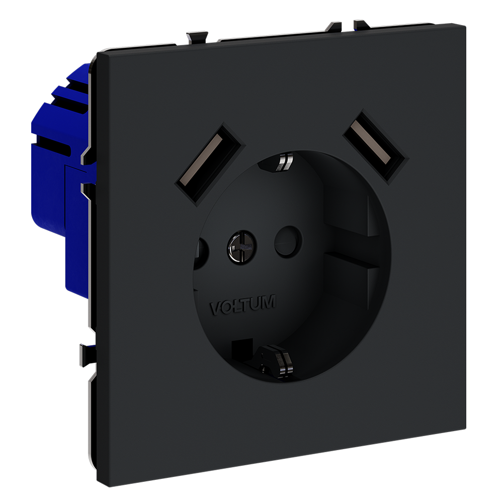Розетка встраиваемая VOLTUM S70 с заземлением и защитными шторками, 16А, с USB, A+A, (графит)