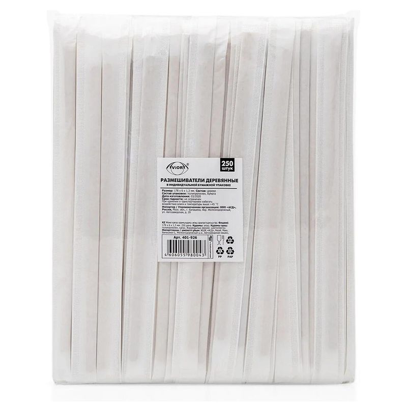 Размешиватель AVIORA деревянный в инд упаковке 180*6*1,3 250 шт/уп 20 уп/кор