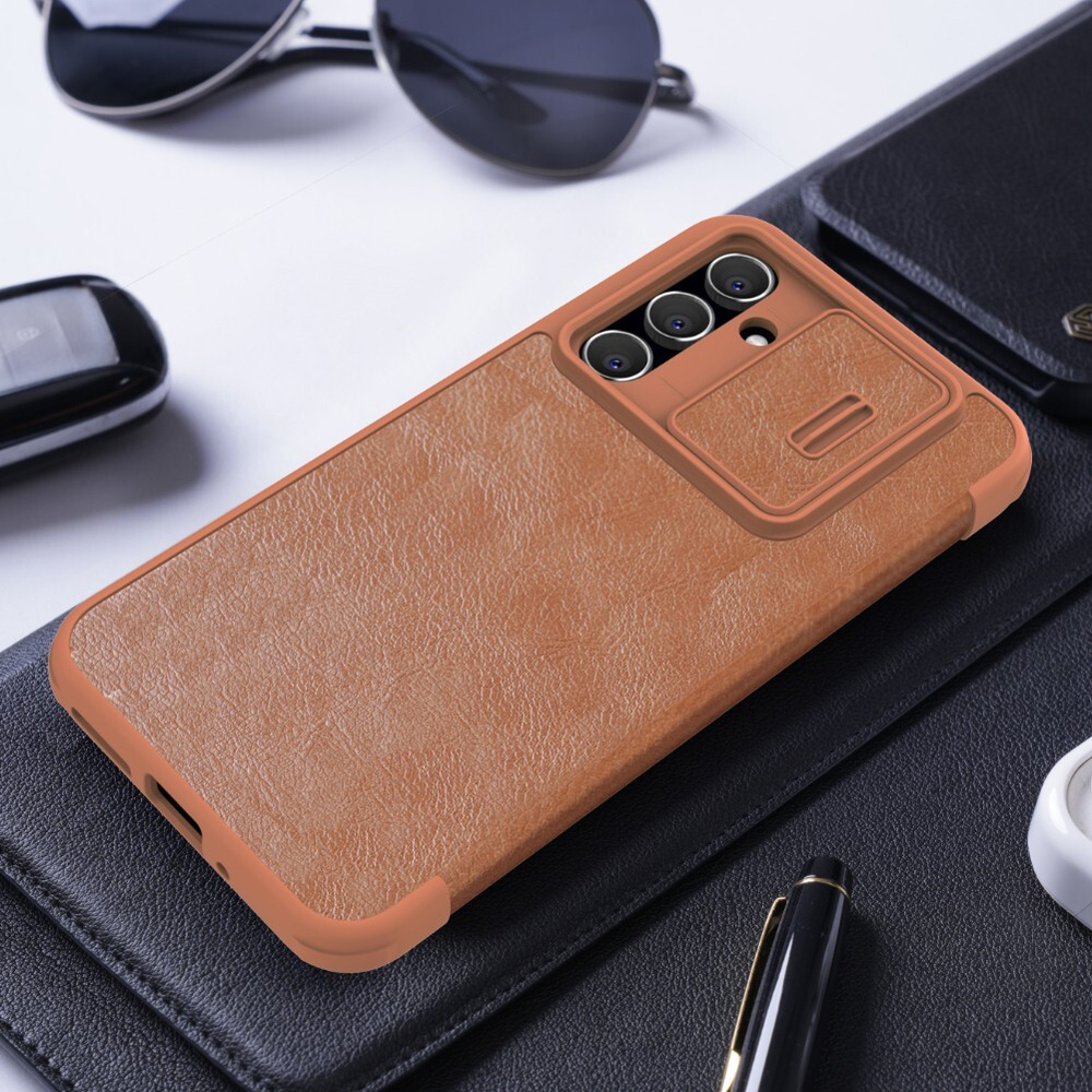 Кожаный чехол книжка коричневого цвета от Nillkin для Samsung Galaxy A54 5G, серия Qin Pro Leather с защитной шторкой для камеры