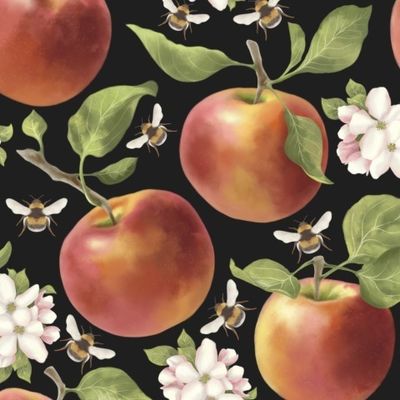 Яблоки и шмели на чëрном фоне