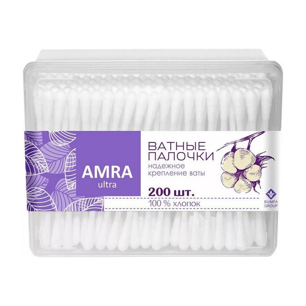 Палочки ватные "AMRA", хлопок, 200шт в коробке