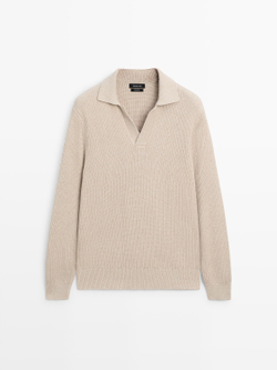 Massimo Dutti Свитер поло из хлопкового трикотажа, натуральный/кремовый