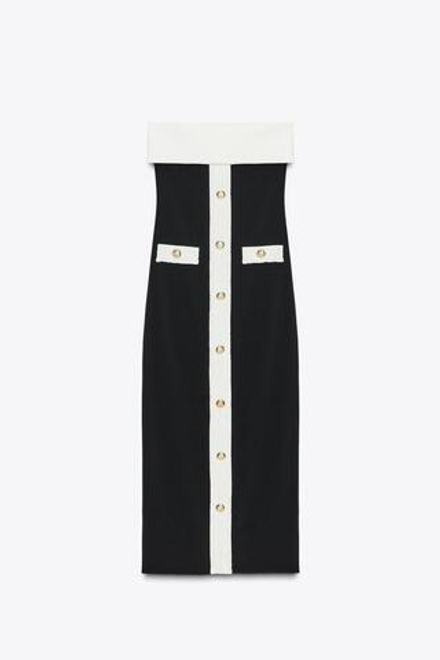 ZARA ЭЛАСТИЧНОЕ ПЛАТЬЕ-БАНДО С ЭФФЕКТОМ КОРСЕТА, ЧЕРНЫЙ/БЕЛЫЙ