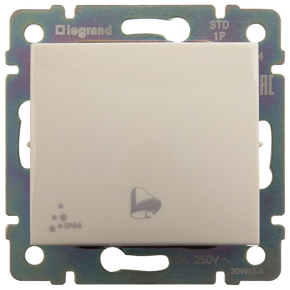 Выключатель кнопочный 1-клавишный с символом звонка IP44 10А 250В схема 1P слоновая кость Valena Classic LEGRAND