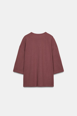 ZARA ФУТБОЛКА В СТИЛЕ РУСТИК С РУКАВАМИ ТРИ ЧЕТВЕРТИ, БАКЛАЖАННЫЙ