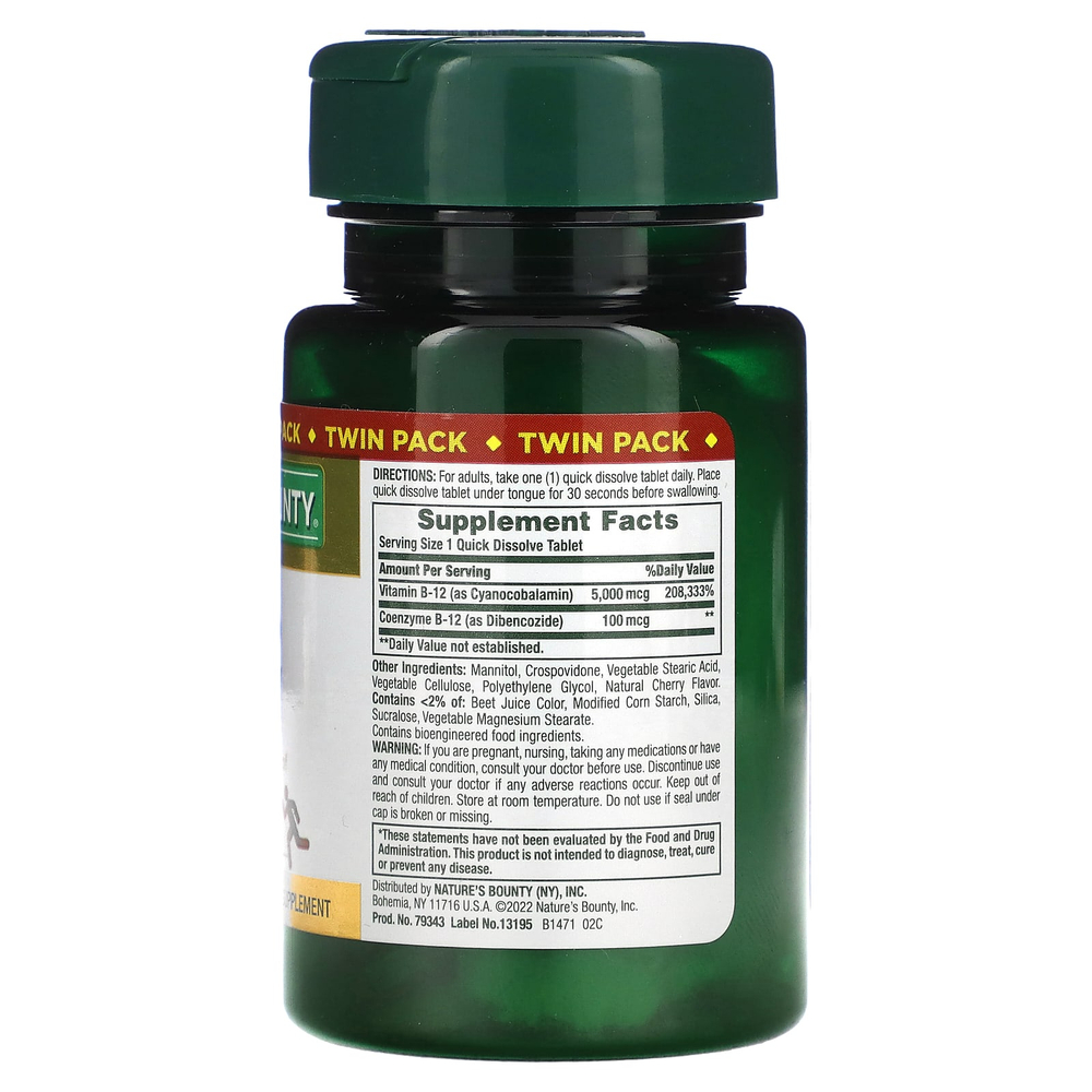 Nature's Bounty, Витамин B12, Twin Pack, натуральный вишневый вкус, 5000 мкг, 40 быстрорастворимых таблеток