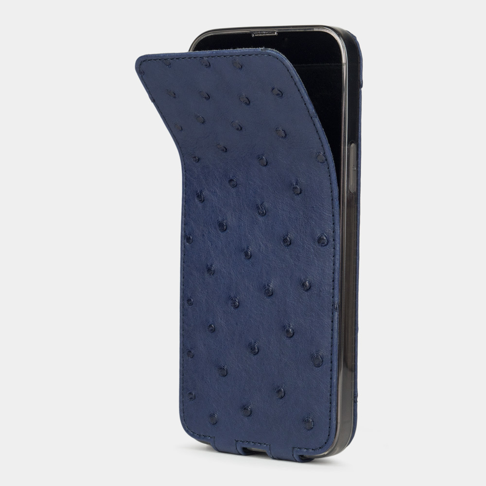 Чехол для iPhone 14 Pro Max из кожи страуса, синего цвета