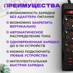 Сетевой фильтр с предохранителем и заземлением, 6 розетки + 5 USB / 1 TYPE-C быстрая зарядка 20 W, кабель 2м