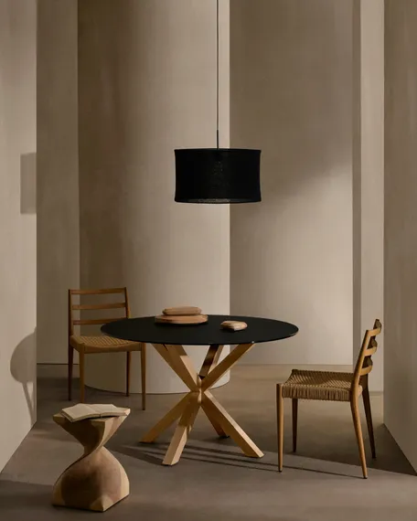 Стол Argo Ø120 см, матовое черное стекло, стальные ножки под дерево