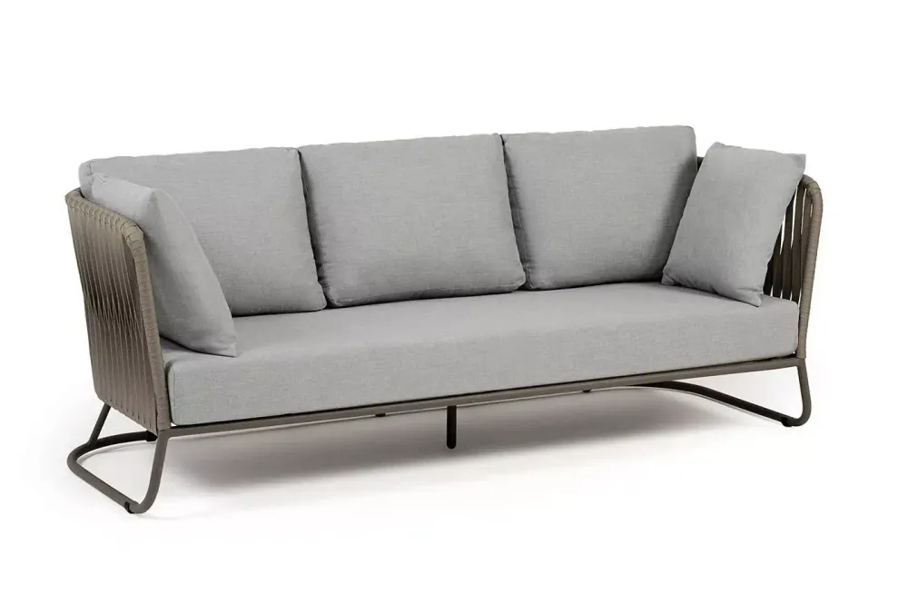 "Багамы" диван 3-местный плетеный из роупа, каркас алюминий бежево-серый (RAL7006) муар, роуп серо-коричневый 23мм, ткань светло-серая