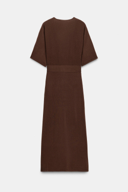 ZARA ТРИКОТАЖНОЕ МИДИ-ПЛАТЬЕ С ПОЯСОМ, КОРИЧНЕВЫЙ