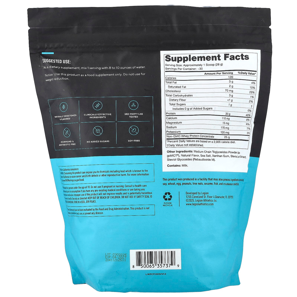 Legion Athletics, сывороточный концентрат, сывороточный протеиновый порошок, французская ваниль, 861 г (1,9 фунта)