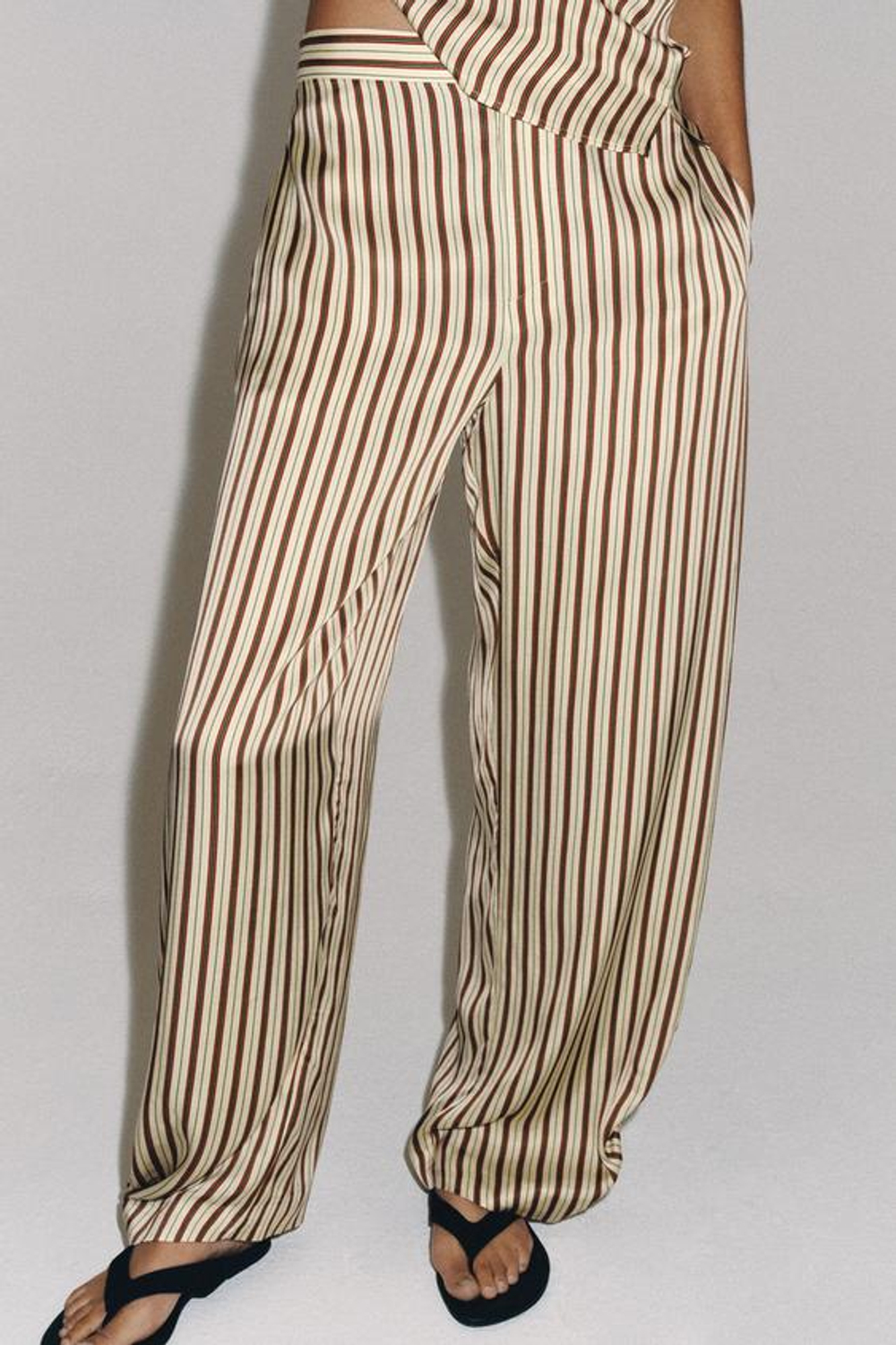 ZARA БРЮКИ BALLOON В ПОЛОСКУ ZW COLLECTION, ЭКРЮ/ГРАНАТОВЫЙ
