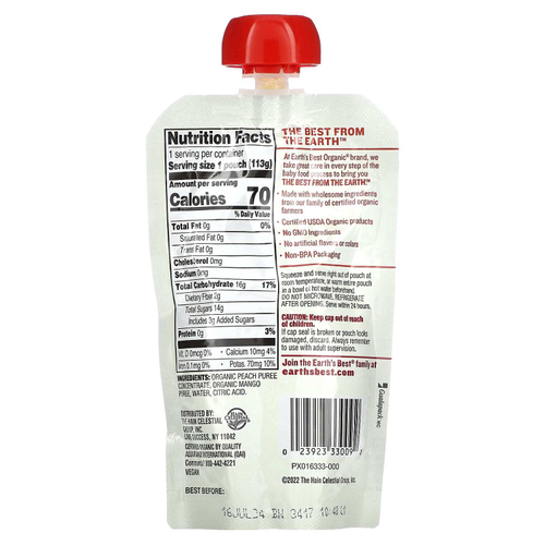 Earth's Best, органическое пюре для детского питания, для детей от 6 месяцев, персик и манго, 113 г (4 унции)