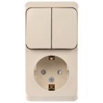Schneider Electric ЭТЮД Крем Блок: Розетка с заземляющими контактами со шторками + выключатель 2-клавишный открытая установка BPA16-202K
