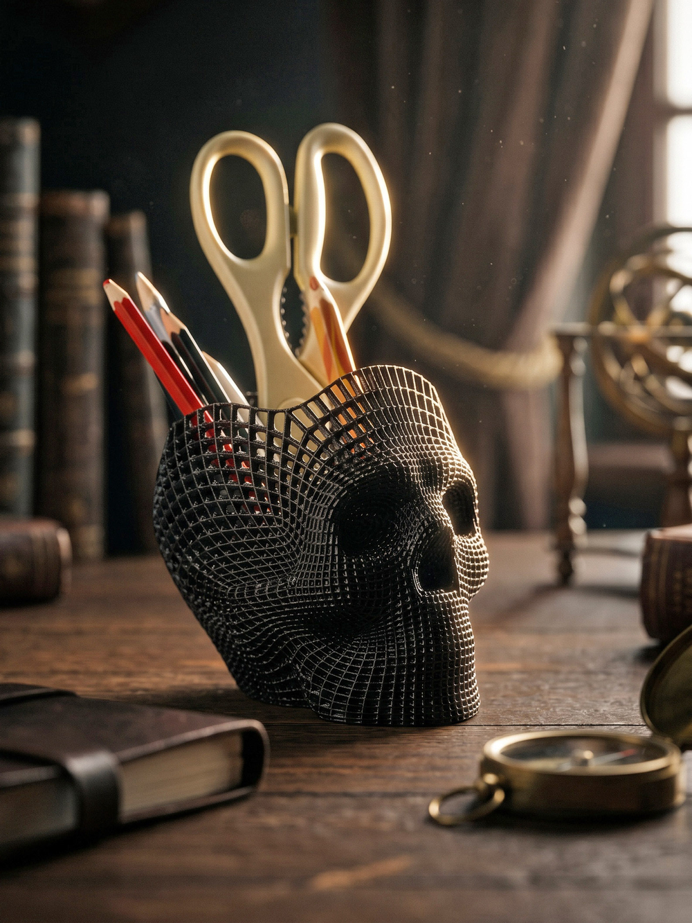 Подставка для карандашей, конфетница, череп-сетка, 3D печать, черная