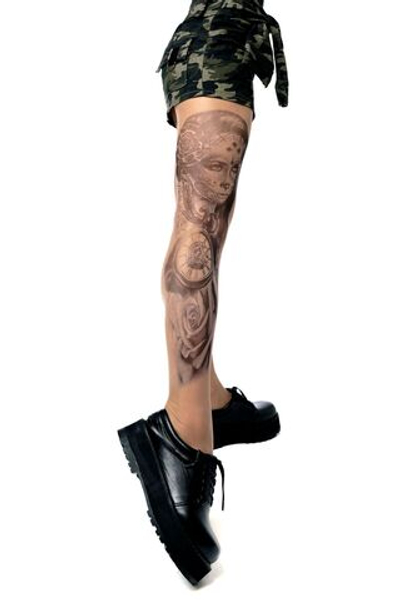 Колготки +size с рисунком в виде девушки с макияжем калавера на левой ножке (Размер: XL-XXL) (Цвет: бежевый)