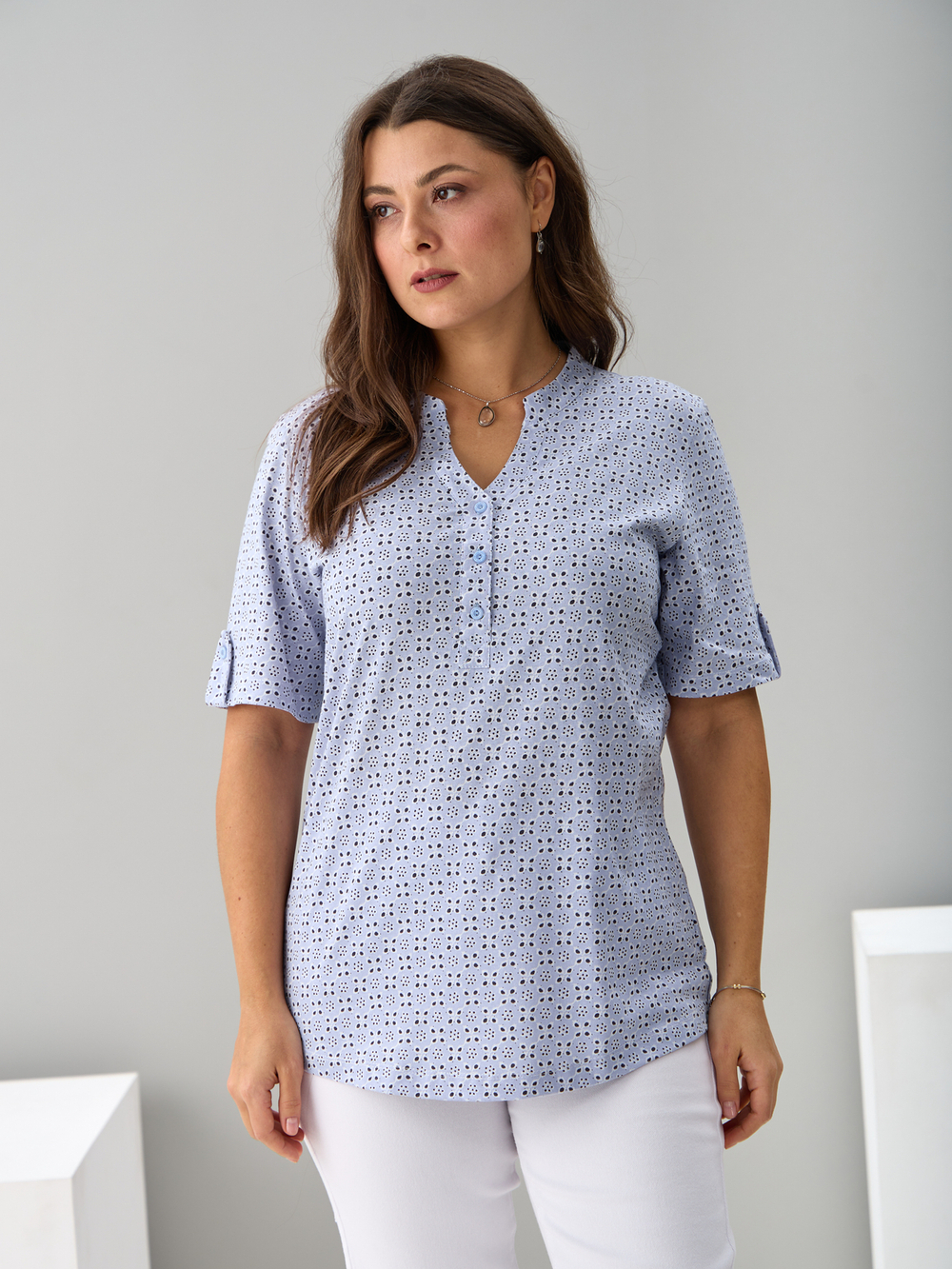 Блузка БЛ-122/ришелье-голубой