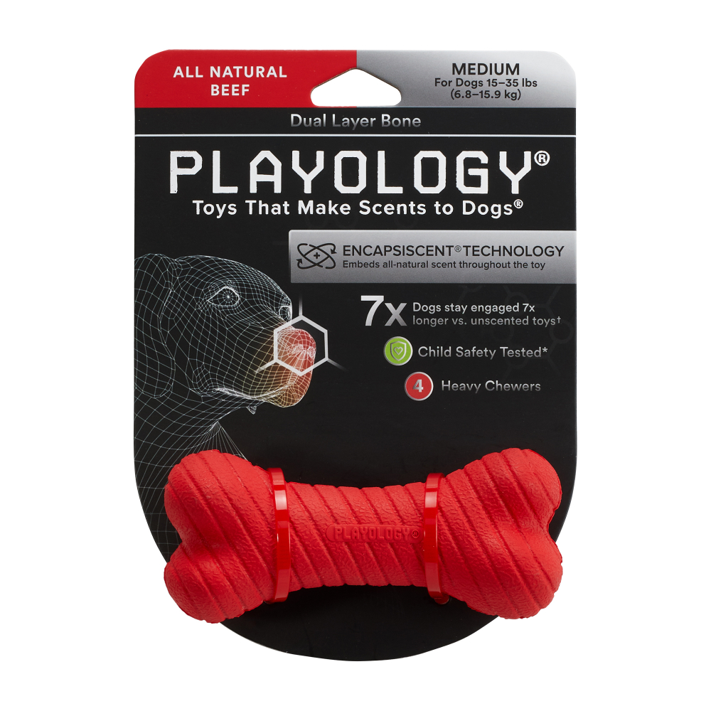 Playology двухслойная жевательная косточка DUAL LAYER BONE для собак средних пород с ароматом говядины, средняя, цвет красный