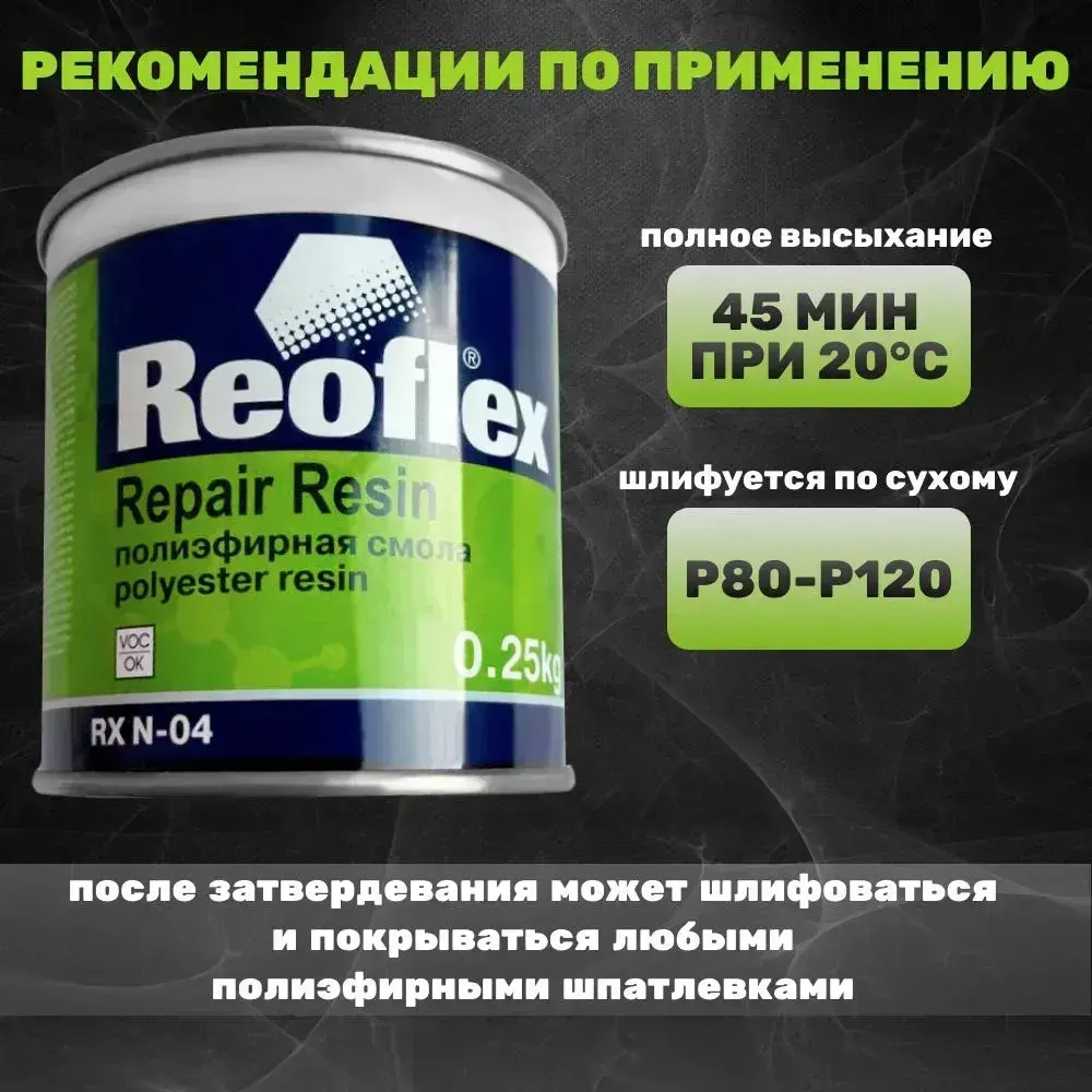 Смола полиэфирная REOFLEX Repair Resin 2К для ремонта пластиковых деталей, 2K + стекломат, банка 0,25 кг., ремонтный комплект для бамперов, RX N-07