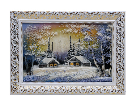 Картина " Два домика зимой " рисованная каменной крошкой 23.5-33.5см