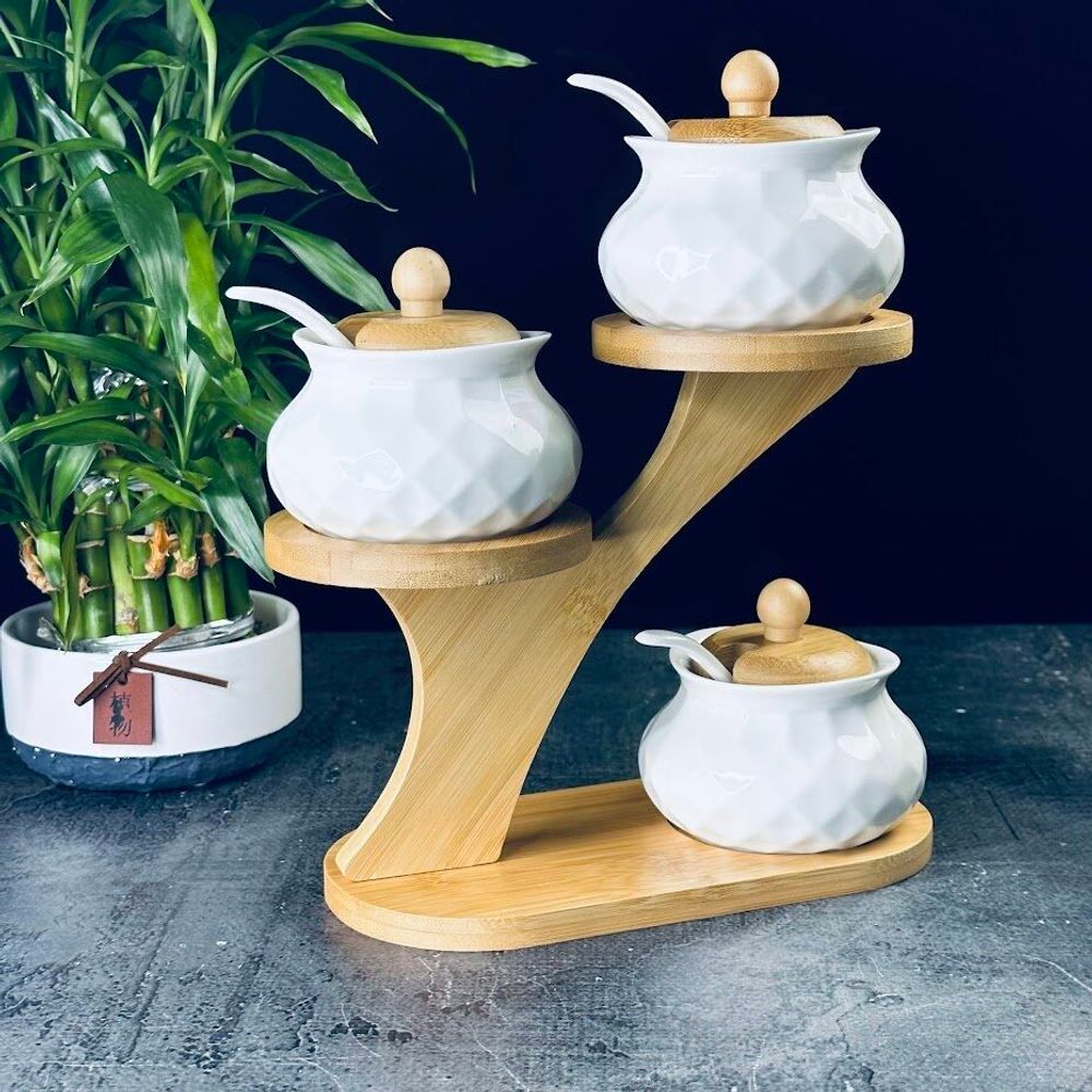 Lenardi 140-030 Набор из 3 банок 190мл BAMBOO с ложками на подставке в под.уп.(х16)Фарфор,бамбук