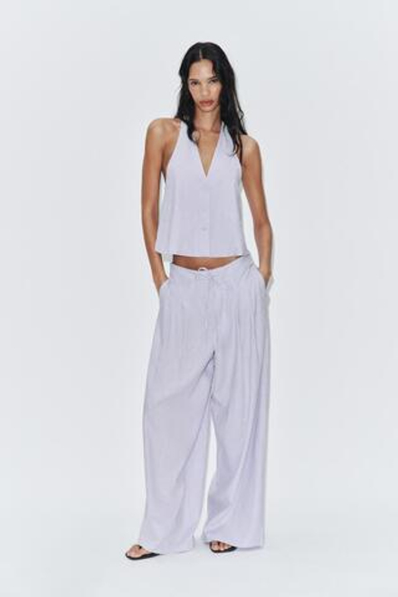 ZARA ШИРОКИЕ БРЮКИ ИЗ СМЕСОВОГО ЛЬНА С ЗАЩИПАМИ, СИРЕНЕВЫЙ