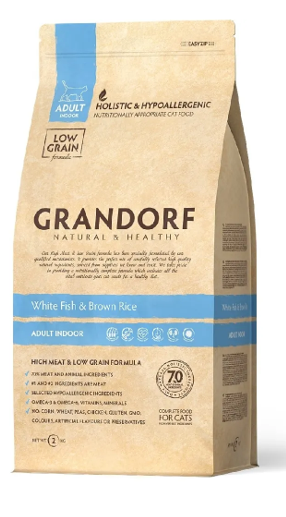 Сухой корм Grandorf Indoor Adult забота о коже и шерсти для кошек белая рыба с индейкой 400 г