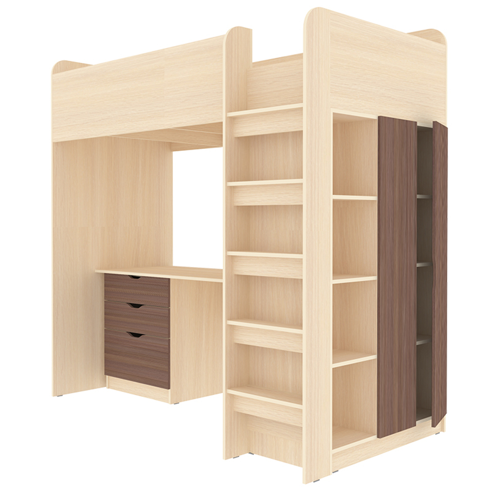 Кровать-чердак КарИВи Polini Simple с письменным столом и Шкаф КарИВиом  Дуб Молочный Бодего Темный