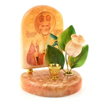 Икона с подсвечником из селенита с цветами "Николай Чудотворец" 100*65*110 мм