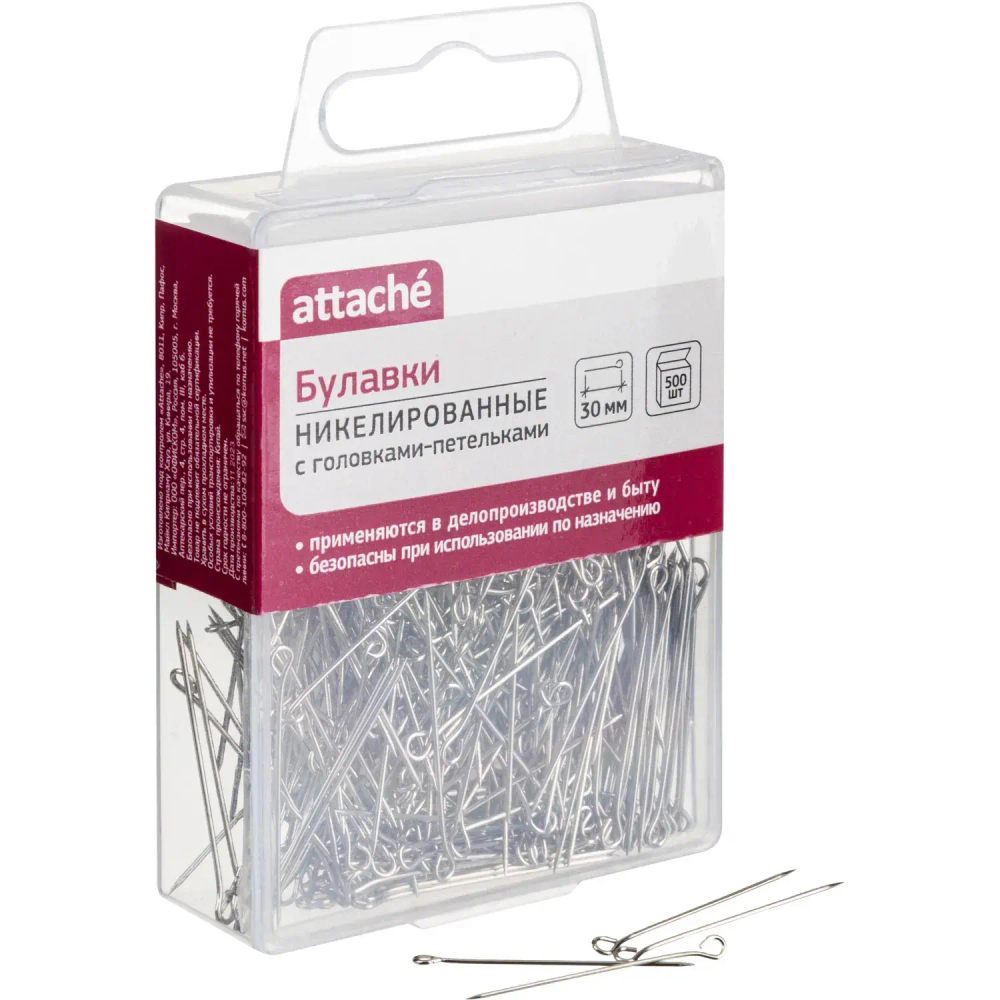 Булавки унив. с гол.петель. ник. Attache, 30 мм, 500 штук, в пласт кор