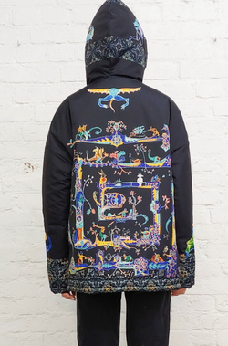 Двусторонняя куртка "Связь времён. Графика на чёрном", по мотивам абстрактной живописи Василия Кандинского и фантастических существ со страниц Псалтыри Латтрелла.