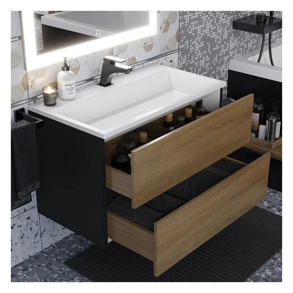 Тумба с раковиной Uperwood Barsa 80 см, раковина белая, подвесная тумба черная/дуб сонома