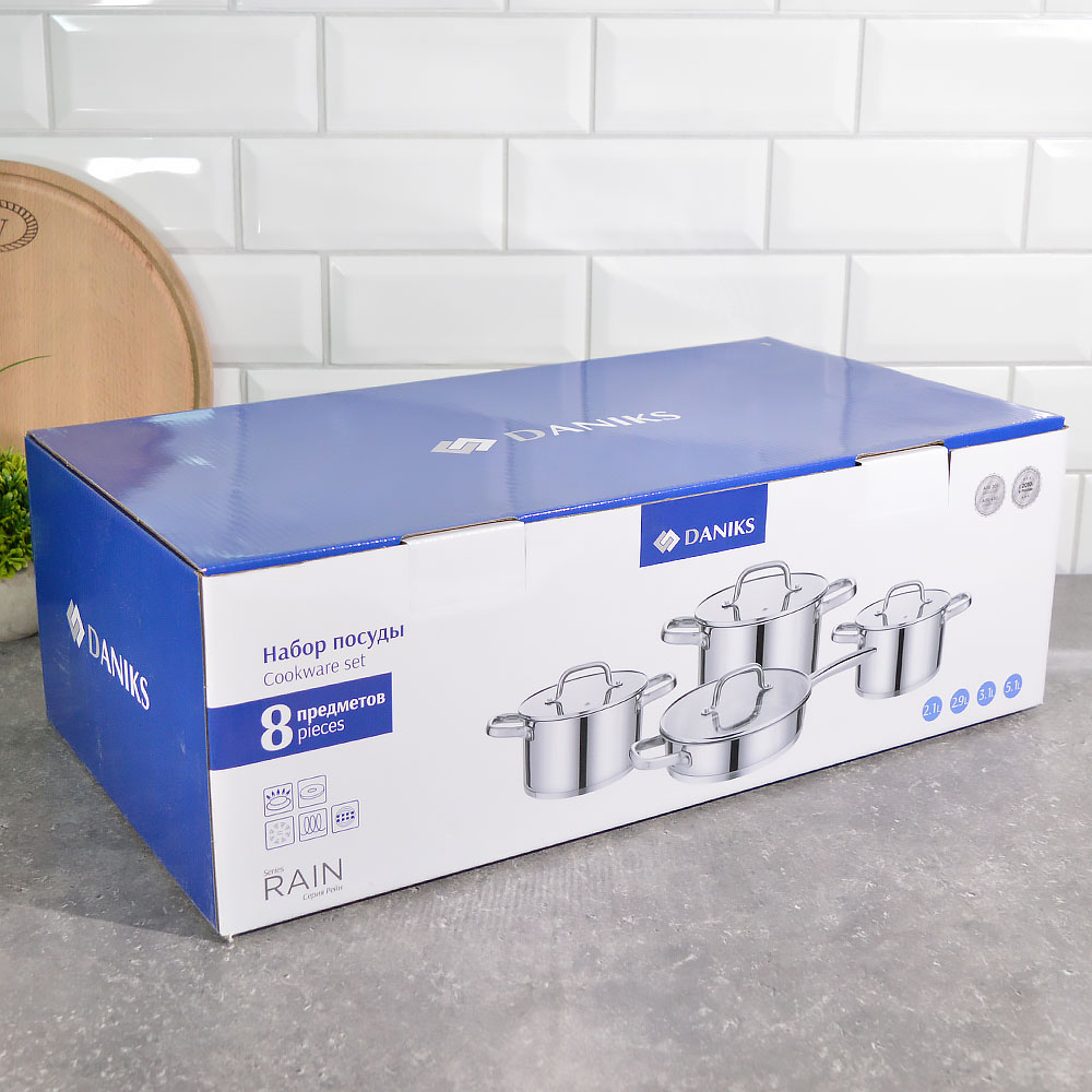 Набор кастрюль 4 предмета (2,1л, 2,9л, 5,1л, сковорода 3,1л) нерж, индукция, "Daniks" Рейн