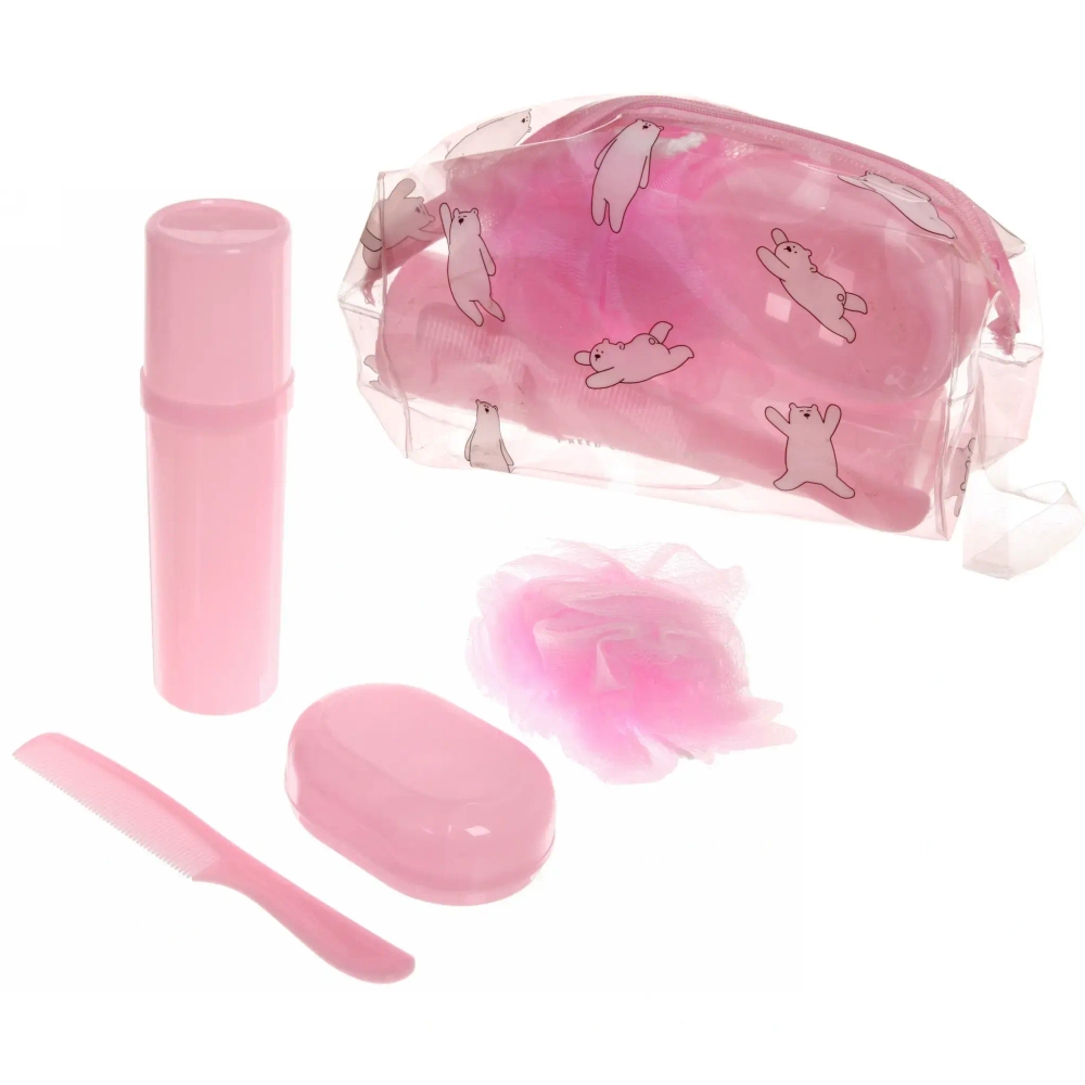 Набор банный дорожный 4шт «Traveler - Teddy bear», (мочалка, футляр 2шт, расческа), розовый, 20*12*5,5см