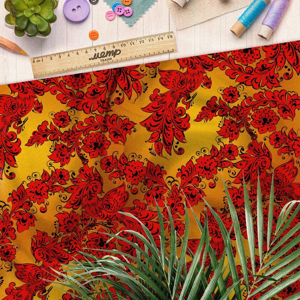 Ткань шелк Армани хохломские узоры красные