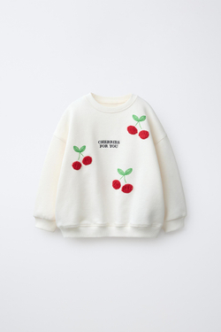 ZARA ТОЛСТОВКА С ВЫШИВКОЙ «ВИШНИ», ЭКРЮ