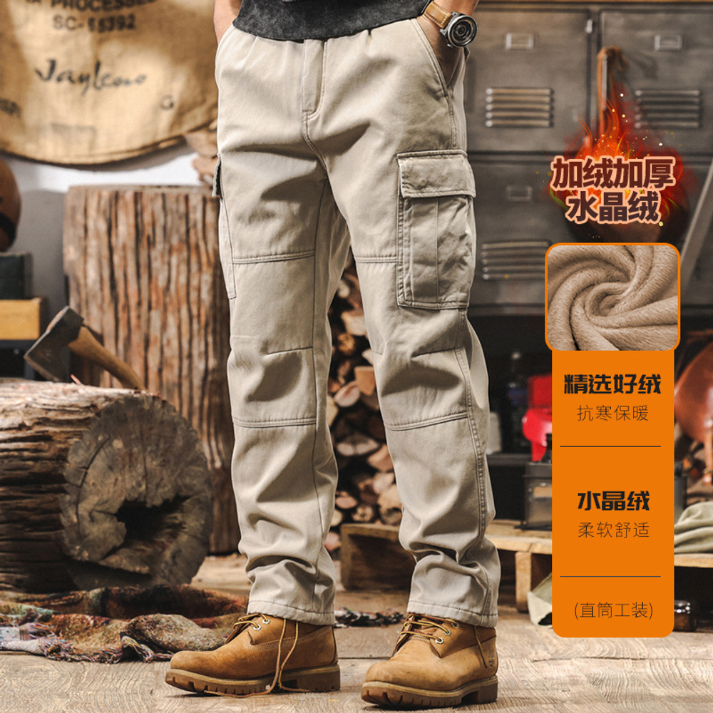 Мужские рабочие брюки в американском ретро-стиле, весенне-осенний стиль, свободные прямые тактические функциональные повседневные брюки на флисовой подкладке.