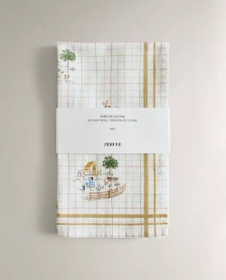 ZARA HOME КУХОННЫЕ ПОЛОТЕНЦА С ПРИНТОМ (НАБОР ИЗ 2 ШТ.), ЭКРЮ