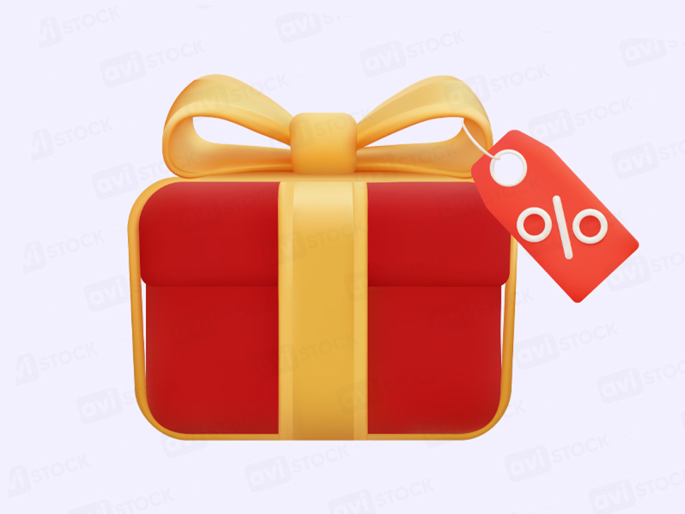 Red gift box with yellow ribbon and percent tag, 3D vector illustration for sales and discount promotions.
